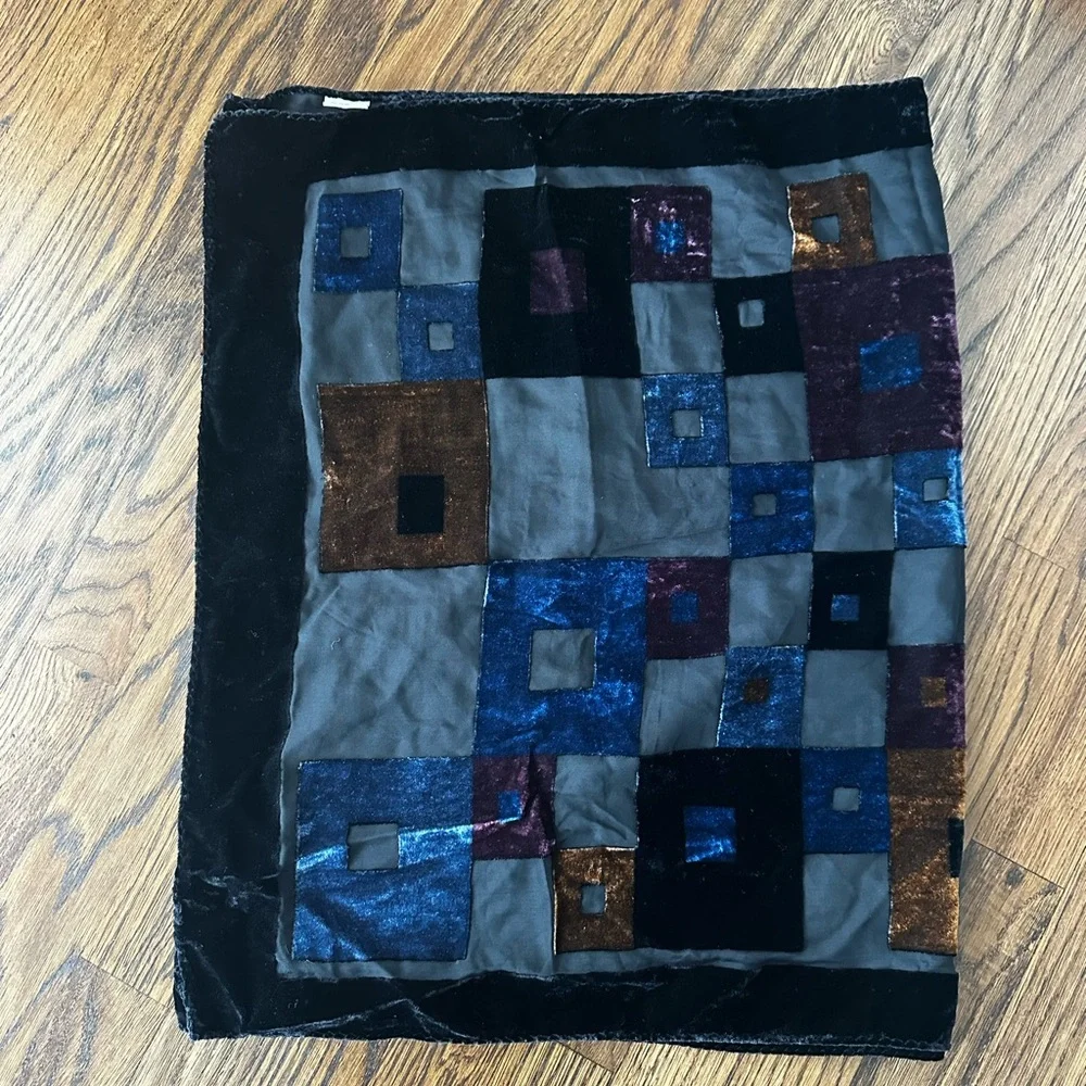 Vintage Velvet Geometric Patchwork Scarf Shawl in Blue, Black, Bronze - Picture 7 of 7